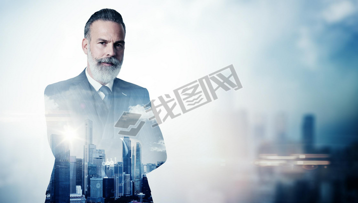 Portrait of bearded businesan in suit and double exposure city on the background. Horizontal