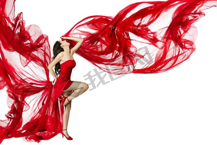 Woman Red Dress Flying on Wind Flow Dancing on White, Fashion Model