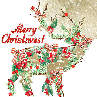 watercolor Christmas reindeer. Wish Merry Christmas text. watercolor winter holidays background. ill