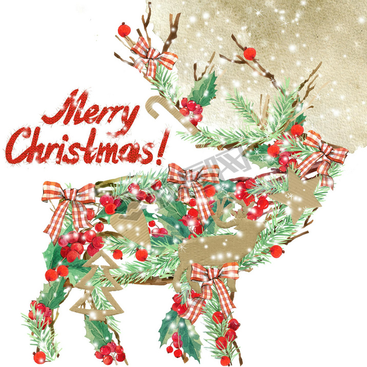 watercolor Christmas reindeer. Wish Merry Christmas text. watercolor winter holidays background. ill