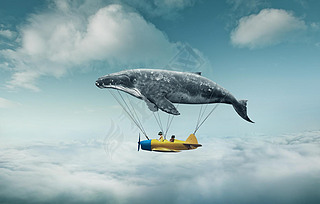 whale with aircraft and two girls over clouds