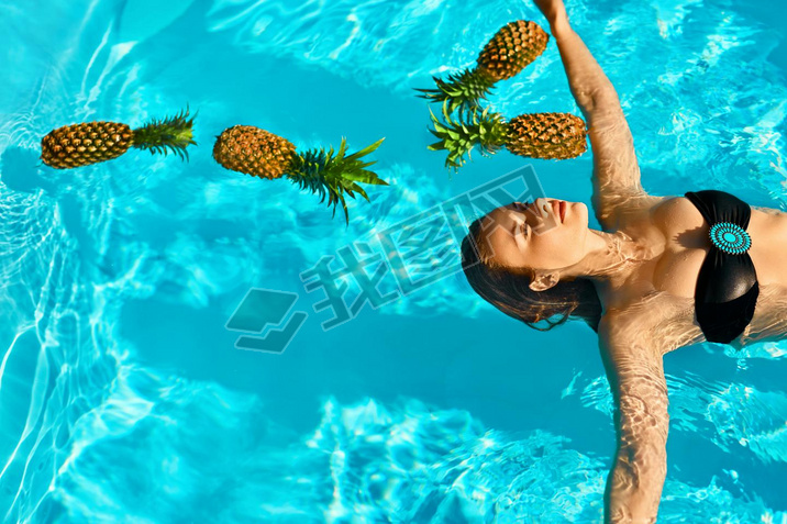 Healthy Lifestyle, Food. Young Woman In Pool. Fruits, Vitamins. 