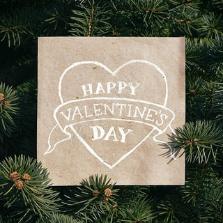 Eco craft paper card on pine tree background. Holiday square poatcard template. Heart shape drawn, h