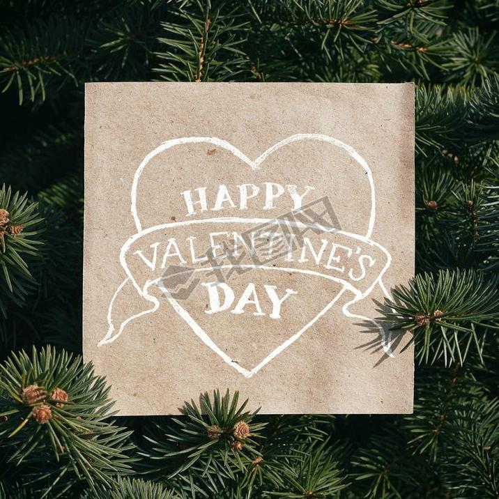 Eco craft paper card on pine tree background. Holiday square poatcard template. Heart shape drawn, h