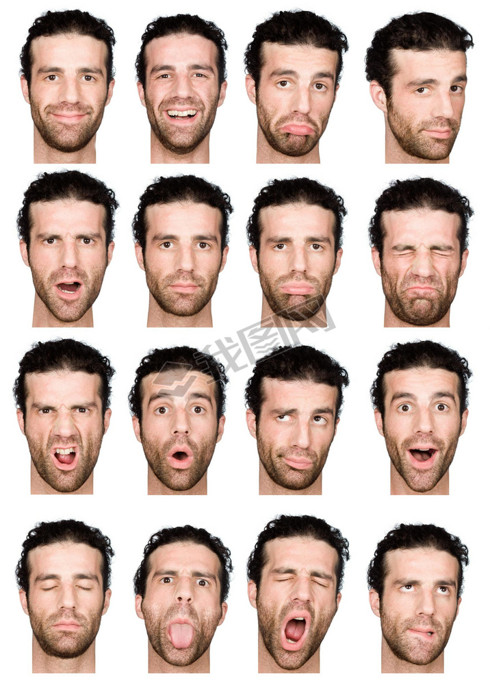 short curly hair brunette adult caucasian man collection set of face expression like happy, sad, ang