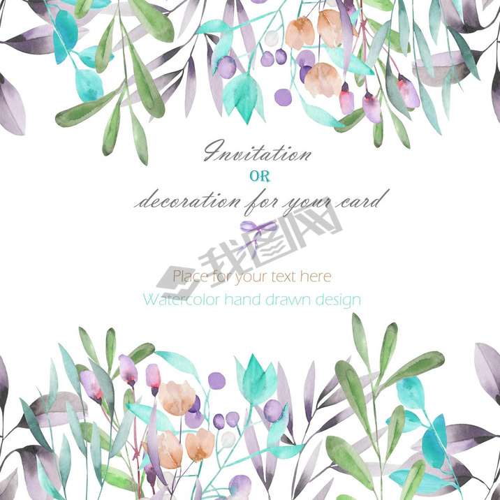 Background, template postcard with the watercolor branches, flowers and plants, hand drawn on a whit