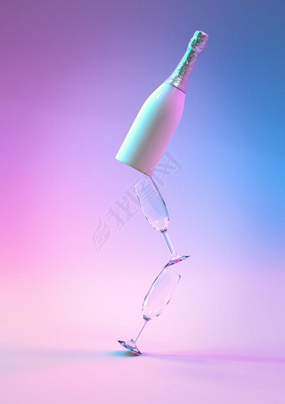 Creative design with realistic 3d festive bottle of champagne with glass on colorful ultriolet hol