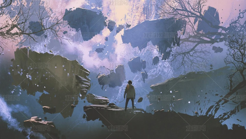 人类站在岩石上没有重力, 数字艺术风格, 插画绘画