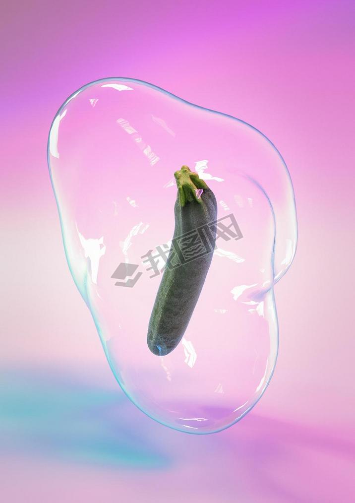Creative layout with realistic 3d zucchini plant in soap bubble on colorful ultriolet holographic 