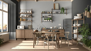 Country kitchen, eco interior design in gray tones, sustainable parquet floor, dining table, chairs,