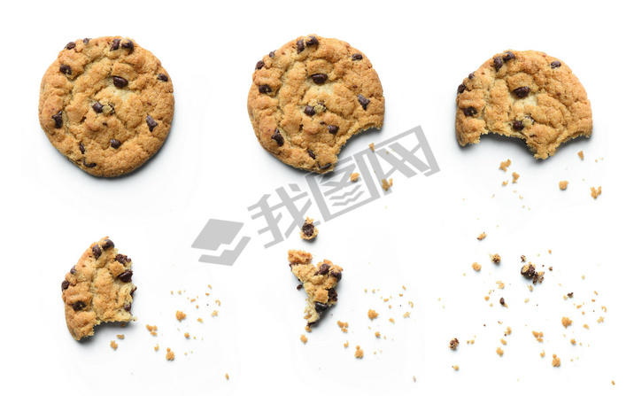 Steps of chocolate chip cookie being devoured. Isolated on white background.