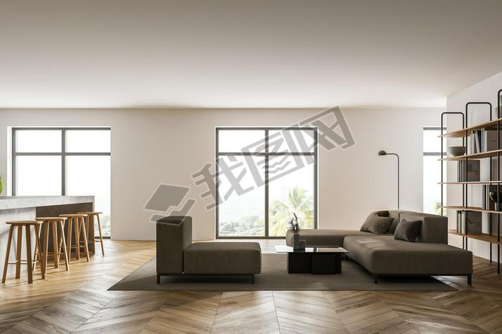 Interior of modern living room with white walls, concrete floor, white sofas and kitchen to the left
