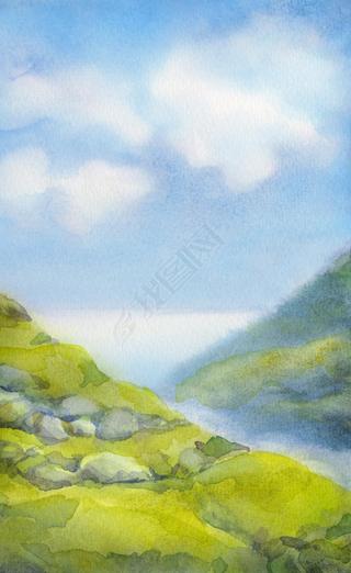 Watercolor landscape. Cloudy summer day in mountains near lake