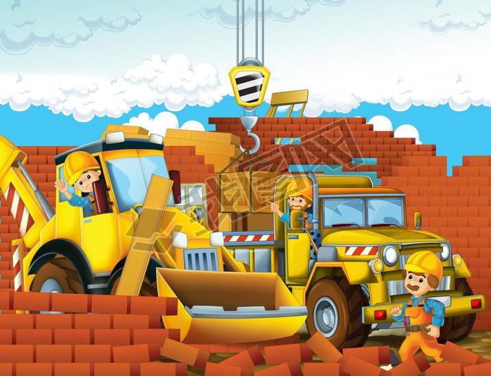 cartoon scene with workers on construction site - builders doing different things - illustration for
