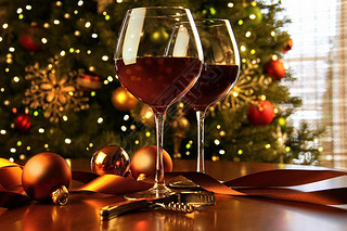 Red wine on table Christmas tree