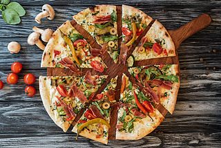 top view of sliced delicious pizza with vegetables and meat on wooden cutting board