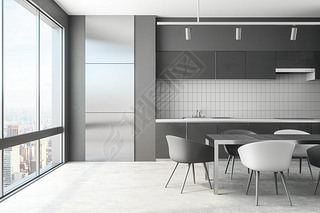 Modern kitchen interior with panoramic city view, daylight and furniture. 3D Rendering