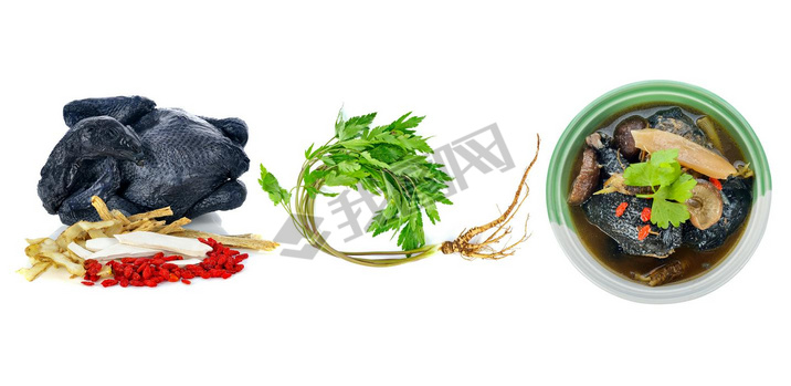 Black chicken stewed with chinese herbs on white background.