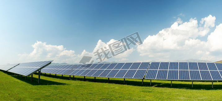 Panoramic view of solar panels, photovoltaics, alternative electricity source - concept of sustainab