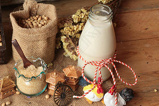 Soy milk with soybean seed.