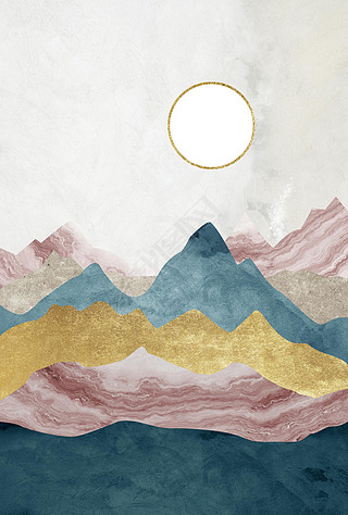 Silhouettes of mountains. Abstraction of textured plaster with gold elements. Mural, mural, Wallpape