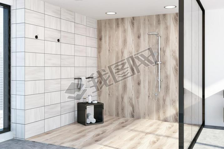 Wooden tiles bathroom corner, shower