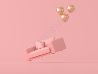 Abstract conceptual idea of pink sofa is floating up by gold balloons isolated on pink background, m