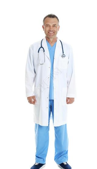 Full length portrait of experienced doctor in uniform on white background. Medical service