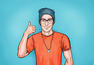 Smiling hipster man in glasses with Like sign. Advertising design with person that guarantees the qu