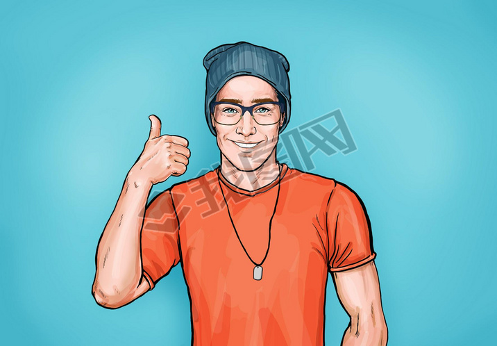 Smiling hipster man in glasses with Like sign. Advertising design with person that guarantees the qu