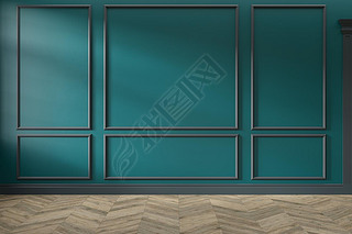 Modern classic green, turquoise color empty interior with wall panels, mouldings and wooden floor. 3