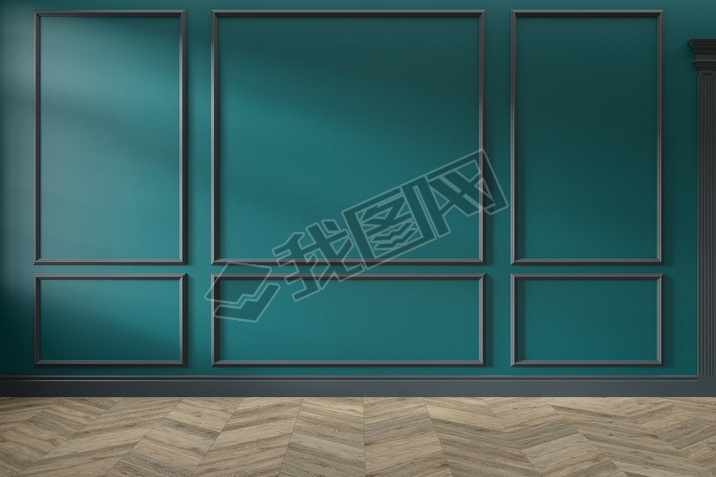 Modern classic green, turquoise color empty interior with wall panels, mouldings and wooden floor. 3