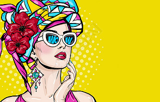Pop Art woman with wow face in glasses holding hand near her cheeks. Advertising poster of sale or d