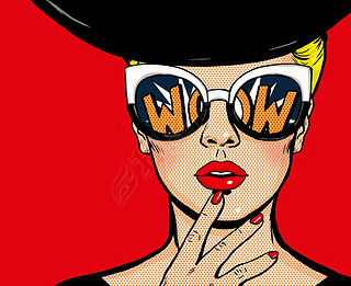 Pop art thinking woman in black hat in glasses.Wow female face.Saxy amazed yong girl with open mouth