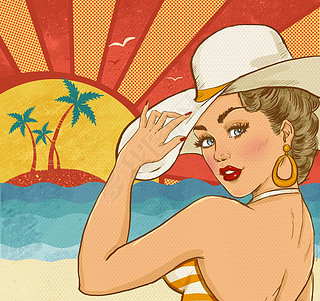 Comic illustration of girl on the beach. Pop Art girl. Party invitation. Hollywood movie star.Vinta