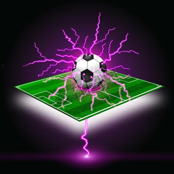 Soccer ball on the green field and lightning