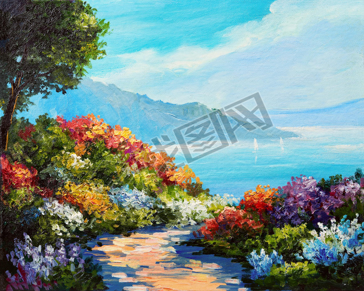 oil painting, house near the sea, sea coast, colorful flowers, summer seascape