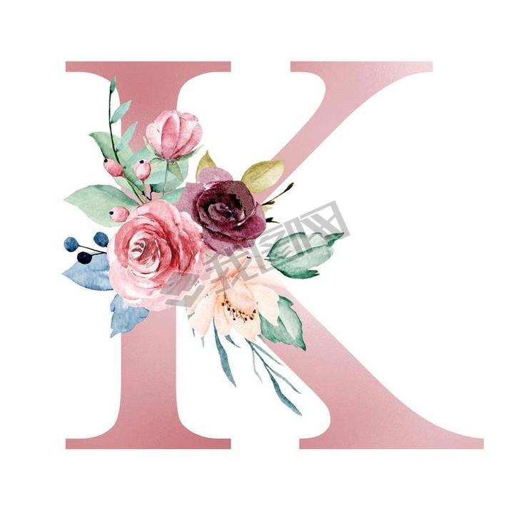 floral monogram, letter K watercolor painting with flowers and lees