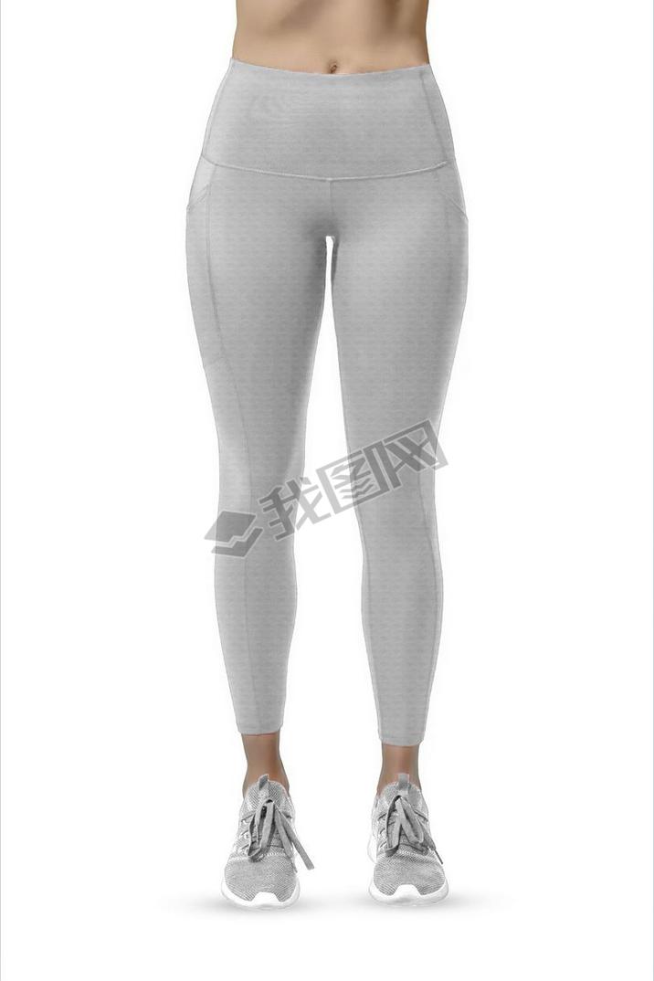 Beautiful slim female legs in white sport leggings and running shoes isolated on white background. C