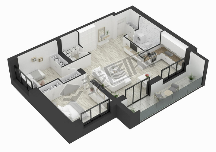 Floor plan of a home top view 3D illustration. Open concept living apartment layout