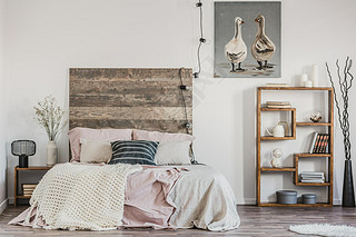 可爱的海报与两只鸭子在有品味的卧室内部的白色墙壁与床与柔和的粉红色床上用品