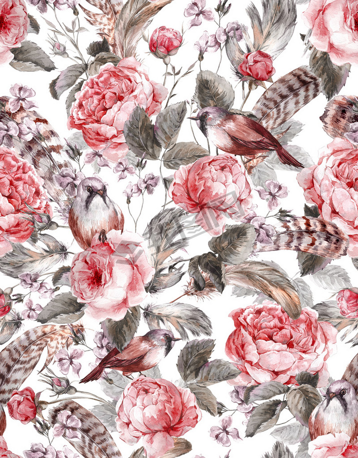 Watercolor floral vintage seamless pattern with roses birds and feathers
