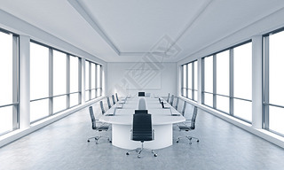 A bright modern panoramic meeting room in a modern office with white copy space in windows. The conc