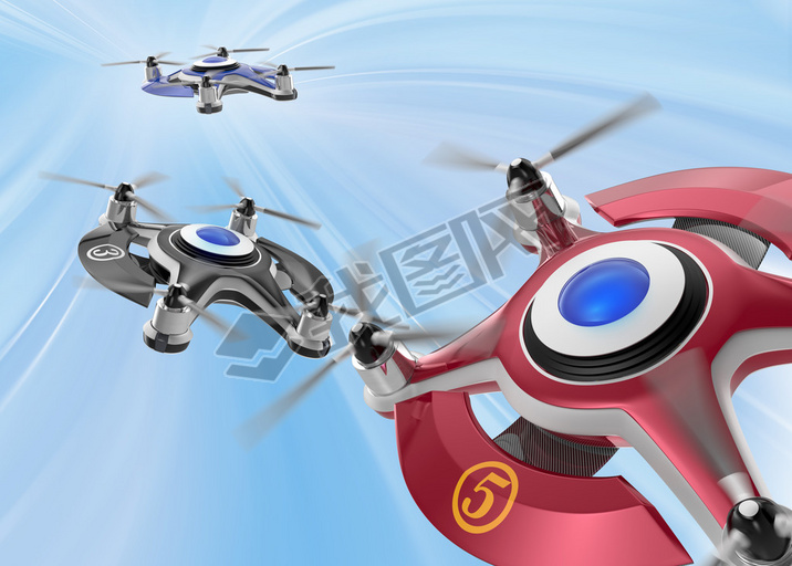 Red racing drones chasing in the sky