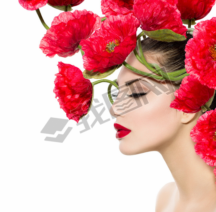 Beauty Fashion Model Woman with Red Poppy Flowers in her Hair