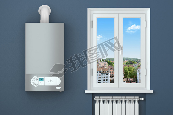 Heating house. Gas boiler, window, heating radiator.