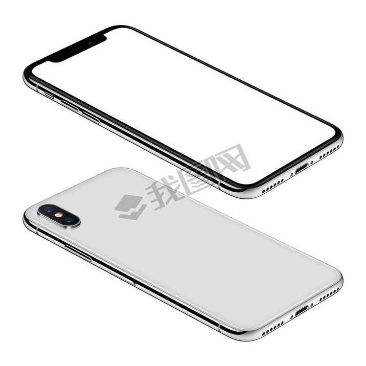 White artphone similar to iPhone X mockup front and back sides isometric view CCW rotated lies on 