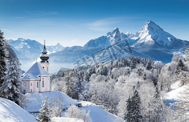 Winter wonderland with chapel in the Alps, Berchtesgadener Land, Baria, Germany