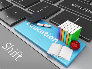 3d graduation cap, books on computer keyboard.