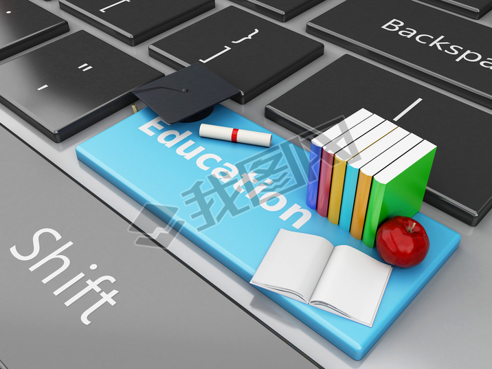 3d graduation cap, books on computer keyboard.